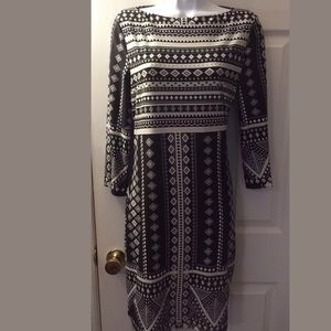 BEIGE By ECI Jersey Knit Dress Black White Gray Geometric Geo Boatneck Pullover